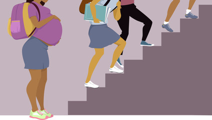 Teenage pregnant girl with a backpack standing at the bottom of stairs, other schoolchildren going up, vector illustration, EPS 8