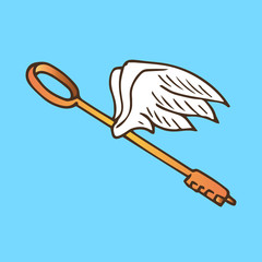 Illustration of the key with wings. Golden key with flying angel