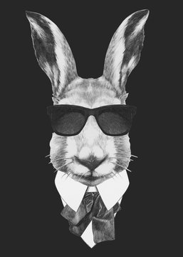 Portrait of Hare in suit. Hand drawn illustration.