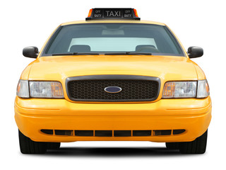 Fototapeta premium Yellow taxi car front view isolated on white background.