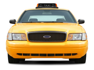 Naklejka premium Yellow taxi car front view isolated on white background.
