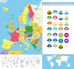 Europe detailed political map.Flat icon set