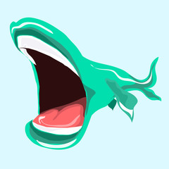 Illustration of a green fish. Fish with open mouth.