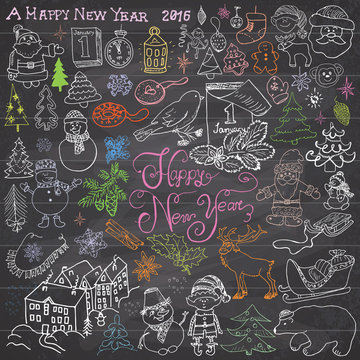 Hand drawn Sketch design of happy new year 2016 Doodles with Lettering set, with christmas trees snowflakes, snowman, elfs, deer, santa claus and festive elements,  Vector Illustration on chalkboard