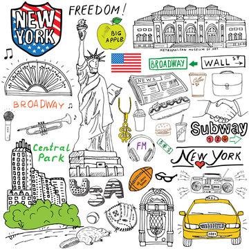 New York city doodles elements. Hand drawn set with, taxi, coffee, hotdog, statue of liberty, broadway, music, coffee, newspaper, museum, central park. Drawing doodle collection, isolated on white