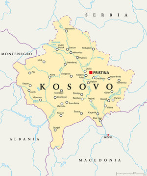 Kosovo political map with capital Pristina, national borders, important cities, rivers and lakes. English labeling and scaling. Illustration.