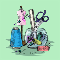 Illustration of Sewing accessories on the desktop