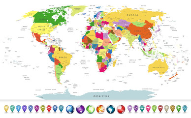 Fototapeta premium Bardzo szczegółowa mapa świata politycznego z błyszczącym zestawem nawigacyjnym
