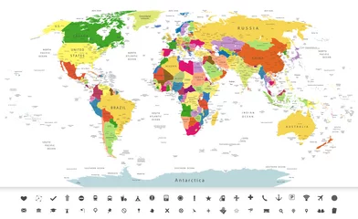 Poster Politieke wereldkaart met navigatiepictogrammen © pomogayev