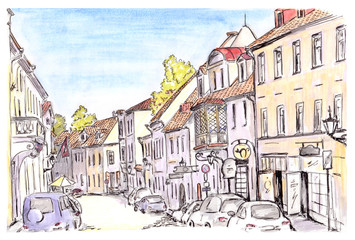 Hand painted sketch of Tallinn city street, Estonia