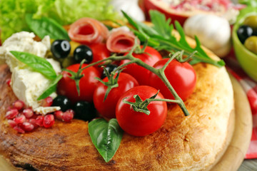 Ingredients of Mediterranean cuisine, on wooden board, close-up