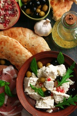 Ingredients of Mediterranean cuisine, on wooden board, close-up