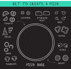 Template doodle set ingredients of chalk to create pizza