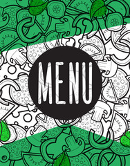 Design menu background doodle of pizza with ingredients