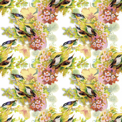 Watercolor Wild exotic birds on flowers seamless pattern on