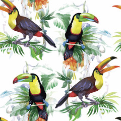 Watercolor Wild exotic birds on flowers seamless pattern on