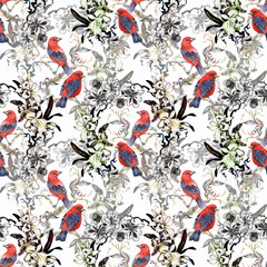 Watercolor Wild exotic birds on flowers seamless pattern on