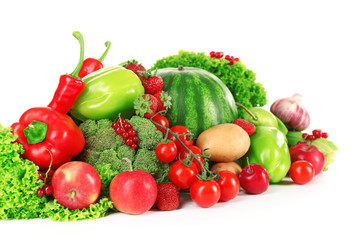 Composition with fresh fruits and vegetables isolated on white