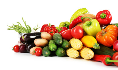 Composition with fresh fruits and vegetables isolated on white
