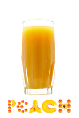 glass of peach juice and peach word from pieces of peach at the bottom isolated on white background