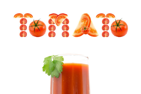 glass of tomato juice with a word at the top of the tomato pieces of chopped tomatoes isolated on white background