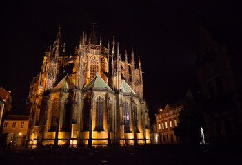 Fototapeta na wymiar Rear View of St Vitus Cathedral, Prague Castle at Night