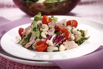 delicious salad with tuna and cashew nuts on a white plate 