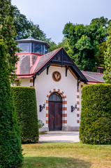 Horse stables in the courtyard of the Hermesvilla - a palace in the public park Lainzer Tiergarten, Vienna, a former hunting area for the Habsburg nobility, Vienna, Austria.