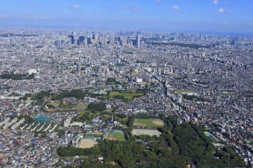 Obraz premium 郊外の住宅地／和田堀公園から新宿副都心を望む