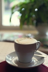 Cup of cappuccino on wooden table, closeup