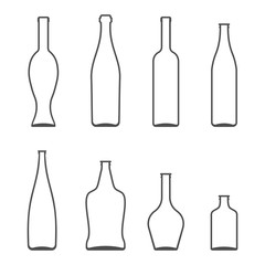 Set of Glass Bottles vector icons. Wine, beer, whiskey, liqueur, champagne and other Bottles silhouette or symbol