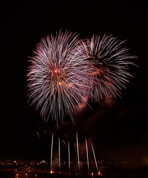 Big colorful fireworks explode in Malta.Malta fireworks festival, 4 July, Independence, fireworks explode, New Year, fireworks in Zurrieq isolated on feast St Catharina.Victory day. Fireworks festival