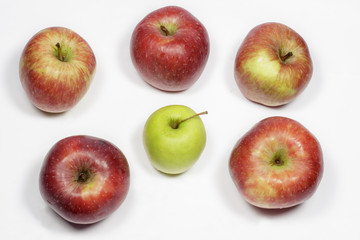 Red and green apples on white