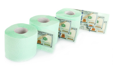 Light green rolls of toilet paper and dollar banknotes on light background