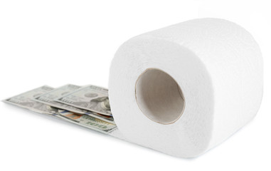 Roll of white toilet paper and dollar banknotes isolated on white
