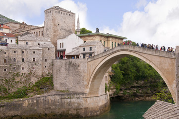 Fototapeta na wymiar Mostar in Bosnia and Herzegovina is the most important city in the Herzegovina region. The Old Bridge is one of the city's most recognizable landmarks. 