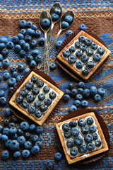 Gourmet fresh blueberry tarts on napkin, close up