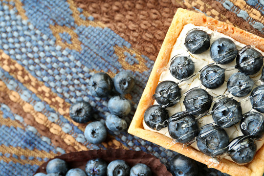 Gourmet fresh blueberry tart, close up