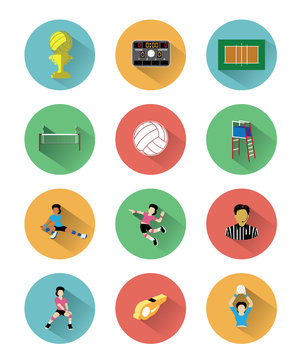 Modern flat volleyball icons set with long shadow effect