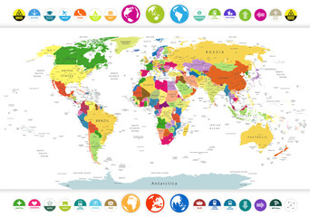 Fototapeta na wymiar Political World Map with flat icons and globes