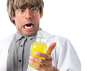 Fototapeta premium Surprised scientist holding test-tubes