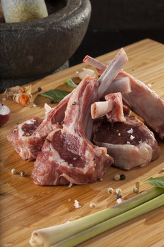 Thai Rack of lamb, Raw rack of lamb cut in pieces decorate and seasoning with Thai herb
