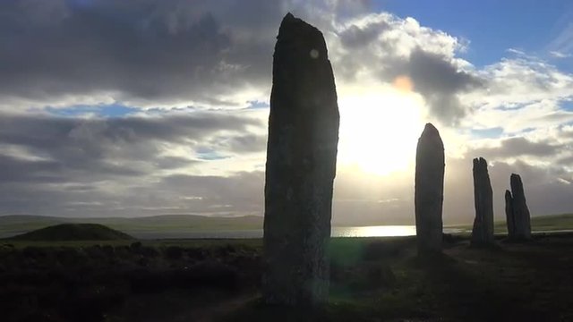 Time lapse shot of clouds moving over sacred Celtic stones on the Islands of Orkney in Northern Scotland.