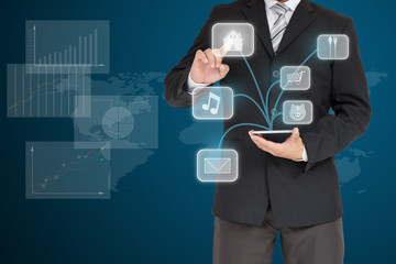 businessman with financial symbols coming from hand