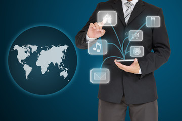 businessman with financial symbols coming from hand