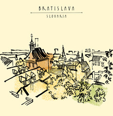 Bratislava Slovakia city view. Vector vintage hand drawn postcard or poster