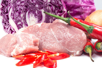 fresh Purple cabbage and Chili with pork on a white background
