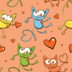 Vector seamless pattern with cartoon pink cats and hearts on a pink background.