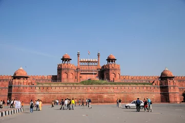 Poster India travel tourism background - Red Fort (Lal Qila) Delhi - World Heritage Site. Delhi, India © danhvc