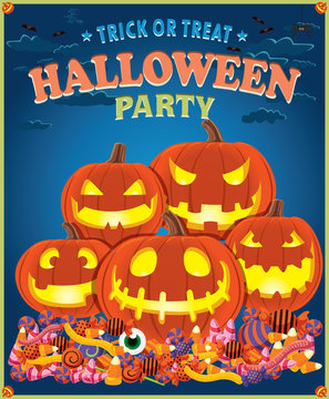 Vintage Halloween poster design with jack o lantern set